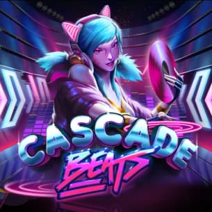 The Kpop-themed slots game Cascade Beats logo features the main character DJ Cash-Kay.