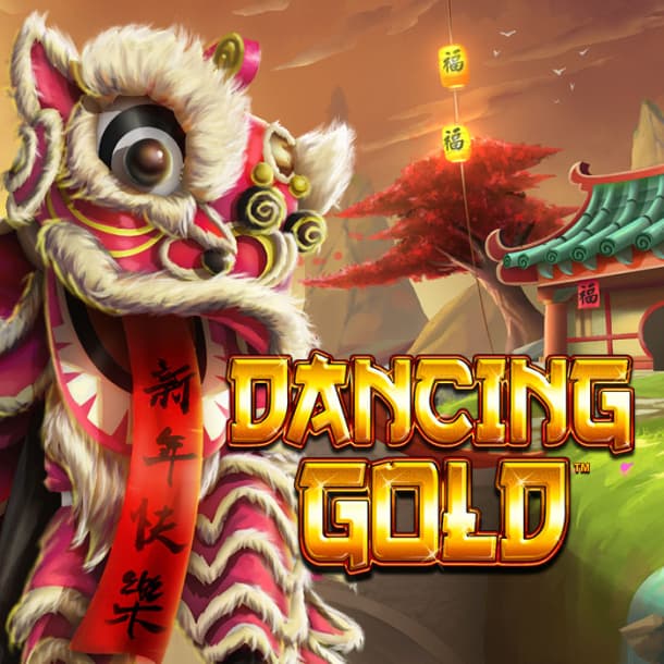The lion dancing-themed fireshot inferno jackpot slots game Dancing Gold logo features a lion dancing mascot.