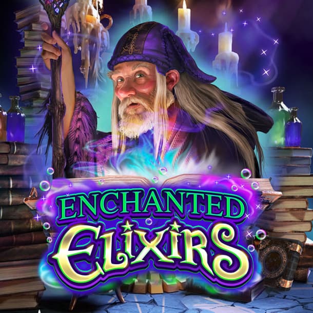 The mythical-themed slots game Enchanted Elixirs logo features a wizard holding a staff and surrounded by books and candles.