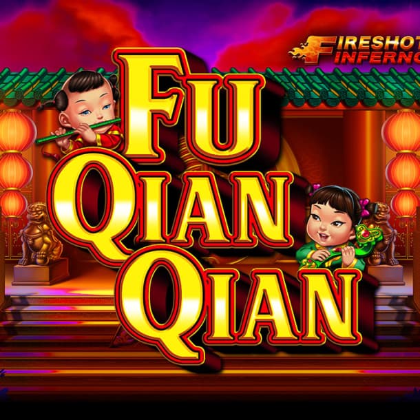 The Chinese-themed jackpot slots game Fu Qian Qian logo features a traditional Chinese temple backdrop and a lucky fortune babies.