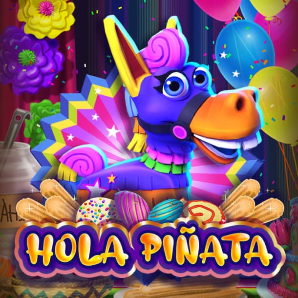 The pinata-themed slots game Hola Pinata logo features a pinata surrounded by party decorations, balloons and confetti.