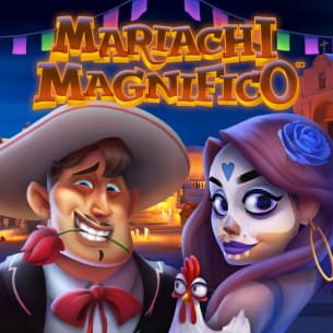 The Mexico-themed slots game Mariachi Magnifico logo features a male with a rose in his mouth, a female with a skull face, and a chicken.