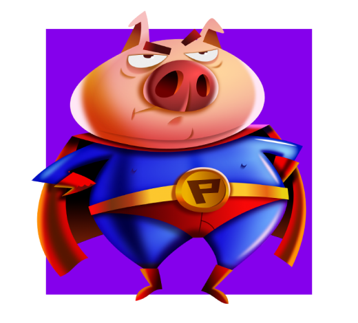 Our pig character from LuckyLand Slots game Barn of Justice, wearing a superhero costume with his hands on his hips.
