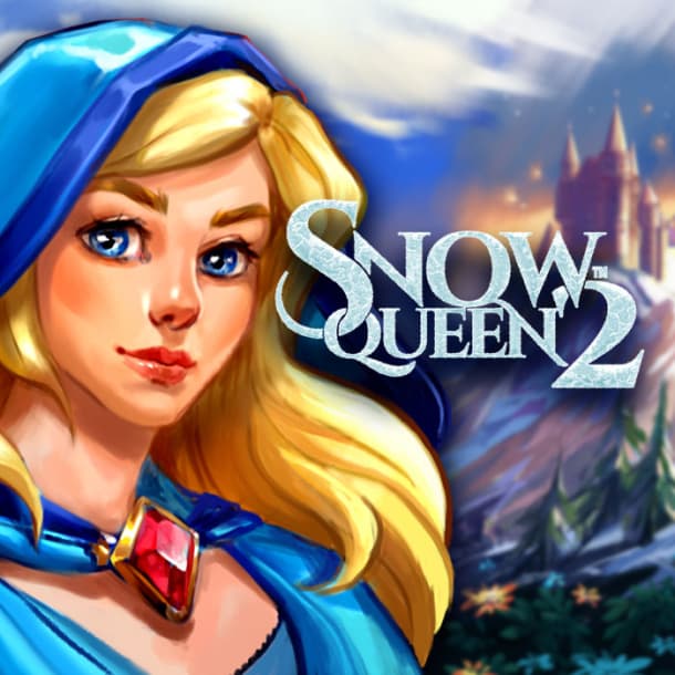 The snow-themed slots game Snow Queen 2 logo features a blonde female queen with a castle in the background.