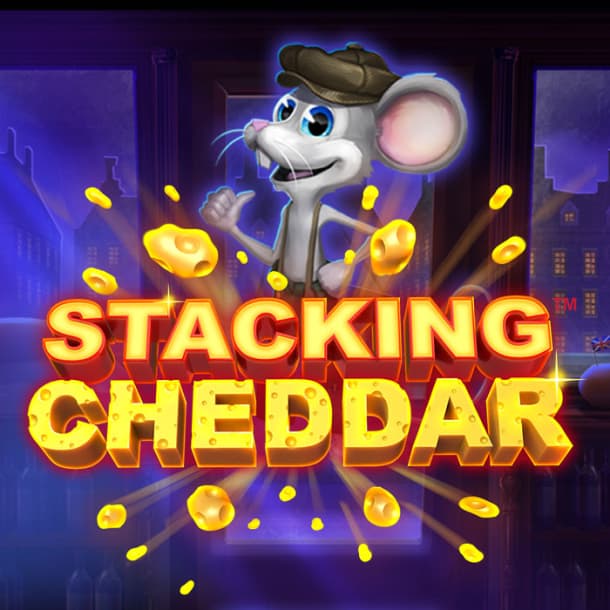 The mouse-themed slots game Stacking Cheddar logo features a mouse with a hat surrounded by cheddar cheese.