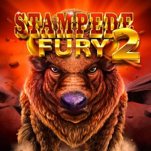 The buffalo-themed jackpot slots game Stampede Fury 2 logo features a buffalo stampede.