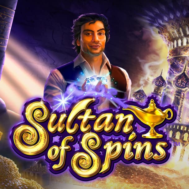 The Middle Eastern-themed slots game Sultan of Spins logo features a male with a Mediterranean castle in the background.