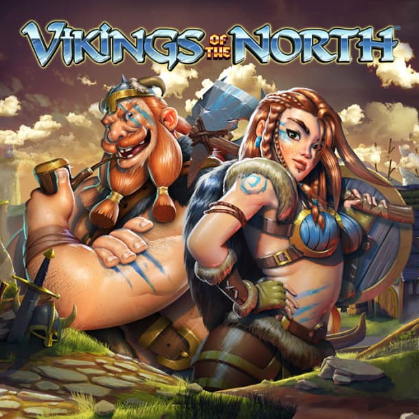 The vikings-themed slots game Vikings of the North logo features a female and a male viking.