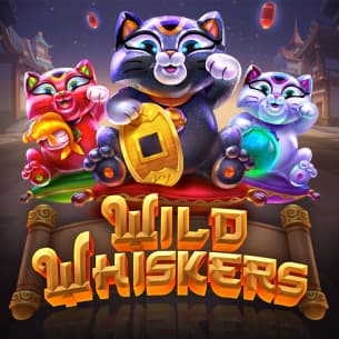 The Japanese cat-themed jackpot slots game Wild Whiskers logo features three Japanese Maneki-neko lucky cats.