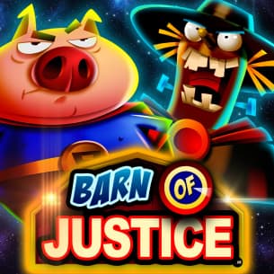 The farm-themed slots game Barn of Justice logo features a superhero pig against a villain.
